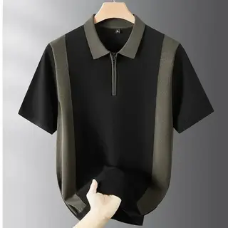 Men's Loose Fit Contrast Color Polo Shirt with Half Zip Collar Short Sleeve Casual Top for Summer Daily Wear