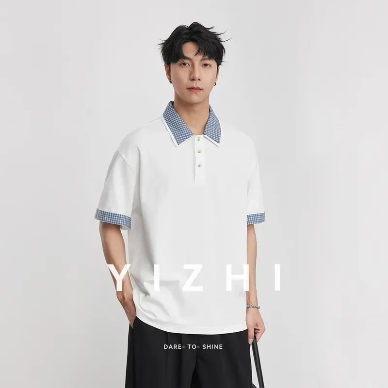 American Retro Plaid Splicing POLO Shirt Men 2026 Summer Loose Short-sleeved T-shirt Fake Two-piece Lapel Top