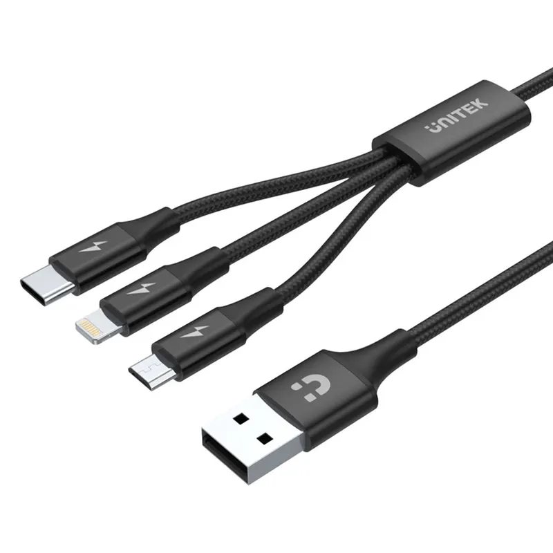 Unitek Kabel USB-A 3w1 USB-C/microUSB/ Lightning czarny C14049BK