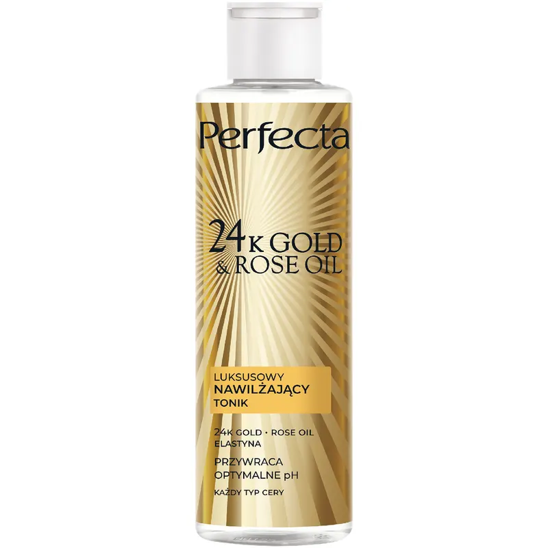 Perfecta 24K Gold&Rose Oil luksusowy nawilżający tonik do twarzy z 24K Gold, Rose Oil, elastyną, D-pantenolem i betainą 200 ml