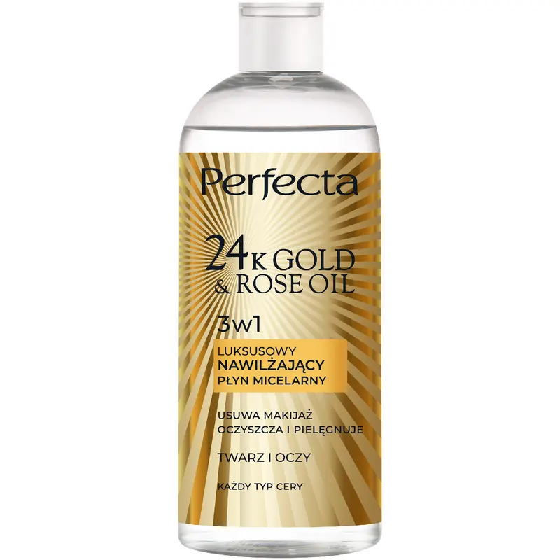 Perfecta 24K Gold&Rose Oil luksusowy nawilżający płyn micelarny 3w1 z 24K Gold, Rose Oil, kwasem hialuronowym i betainą 400 ml