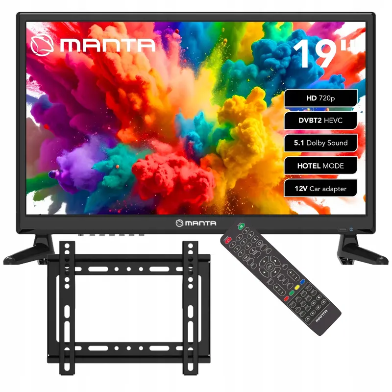 Telewizor Led 19 Cali Hd Tv Dvbt Hd 230V 12V Usb Hdmi Kamper Uchwyt zestaw
