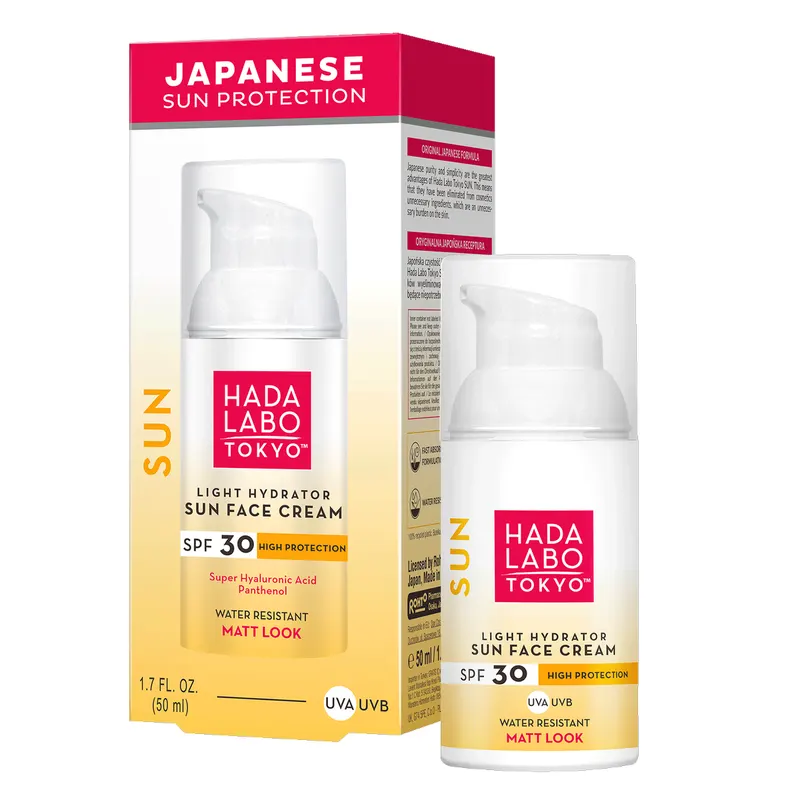 Hada Labo Tokyo Sun wodoodporny nawilżający krem do twarzy SPF 30 z Super Hyaluronic Acid™, D-pantenolem, gliceryną i skwalanem 50 ml