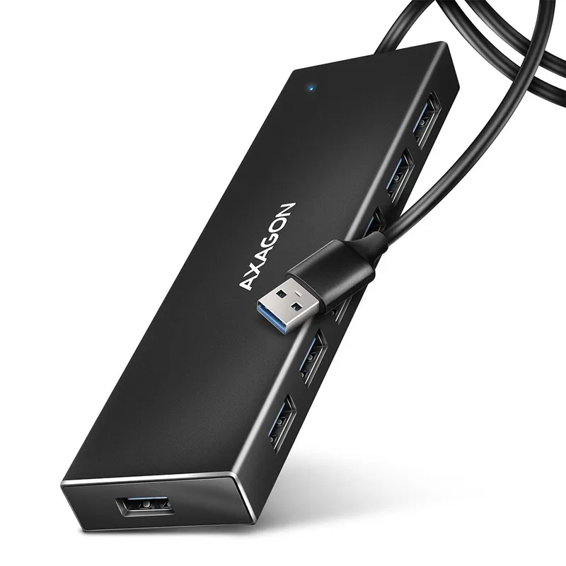 AXAGON HUE-F7A Hub USB-A FLAT 7-portowy, 5Gbps, aluminiowy, ładowanie do 1,5A, opcjonalne zasilanie micro USB, kabel 1 m