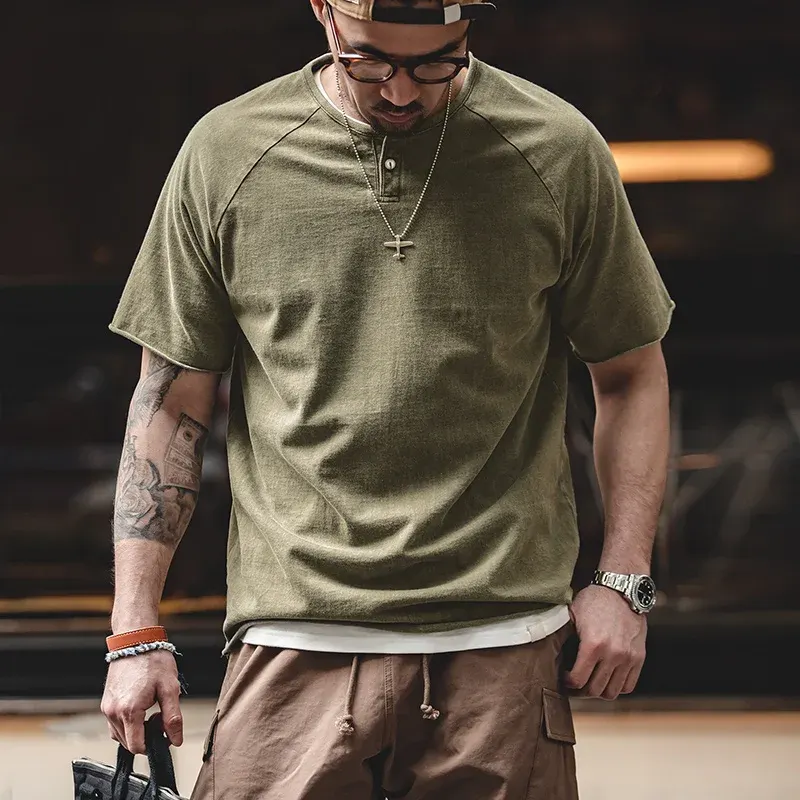Maden Japanese Vintage Heavyweight Henley T-Shirt Men Distressed Loose Short Sleeve Tops Casual Button Cotton Washed Tee Shirts