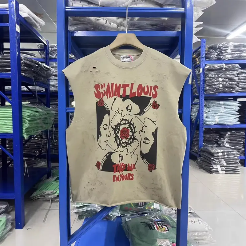 SSSAINT LOUIS 26SS Cement Ivy Thorns Rose Print Washed Vintage Sleeveless T-Shirt American Streetwear Brand