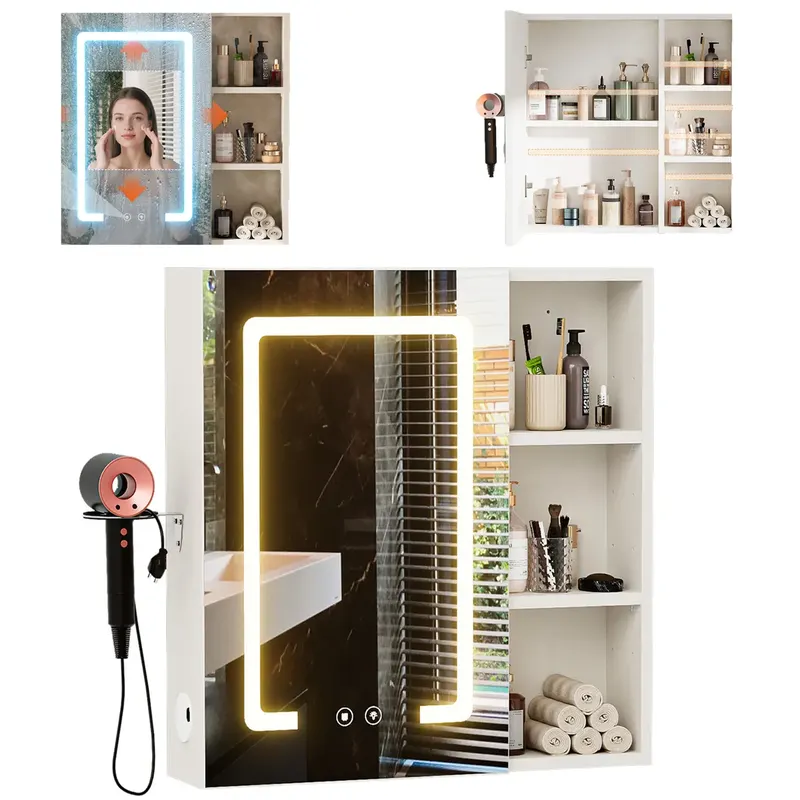 LED SZAFKA ŁAZIENKOWA WISZĄCA 60X15X60 CM TRÓJKOLOROWE LED+FUNKCJA ODMGŁAWIANIA