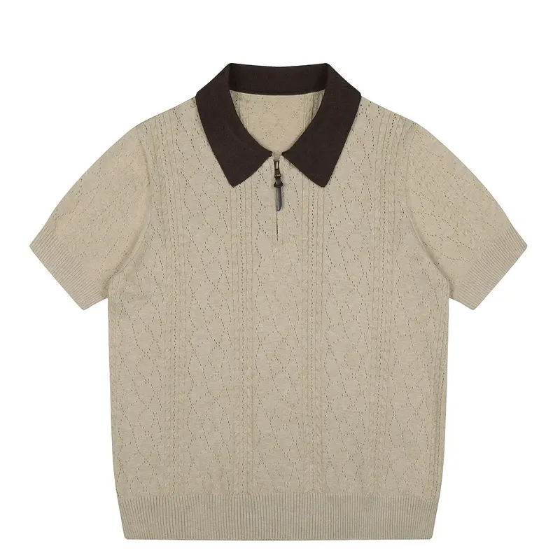American Retro Vintage Vintage Style Contrasting Color Splicing POLO Collar Men's and Women's Loose Short Sleeved Knitted Shirt
