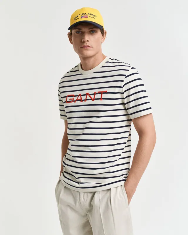 Gant T-Shirt Męski W Paski Z Krótkim Rękawem İ Okrągłym Kołnierzykiem Regular Fit