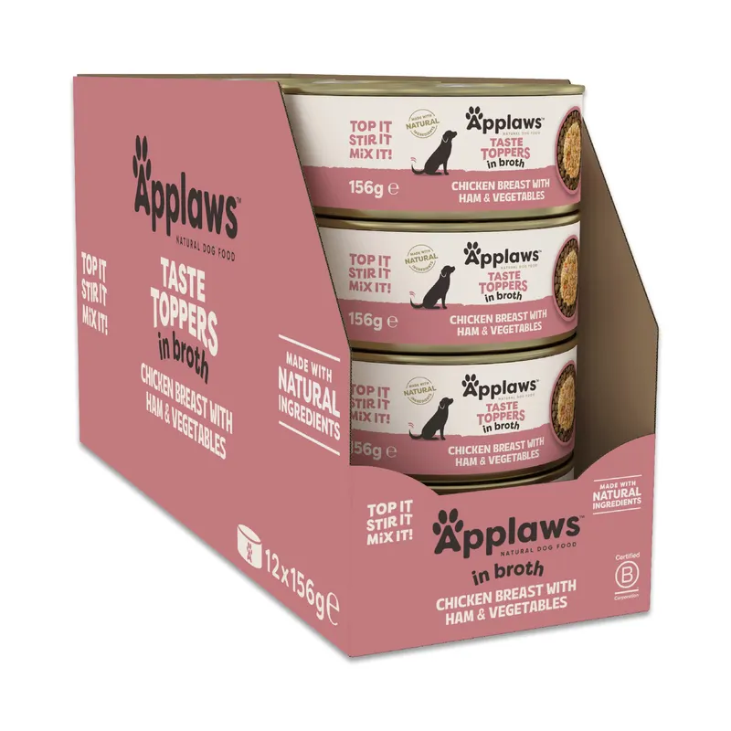 Megapakiet Applaws Taste Toppers Natural w bulionie, 48 x 156 g - Kurczak z szynką