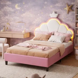 Princeska – Różowe łóżko dziecięce z koroną i oświetleniem LED | Królewski design dla małej księżniczki