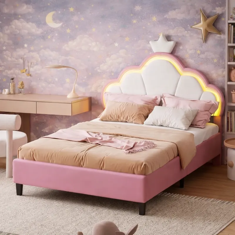 Princeska – Różowe łóżko dziecięce z koroną i oświetleniem LED | Królewski design dla małej księżniczki