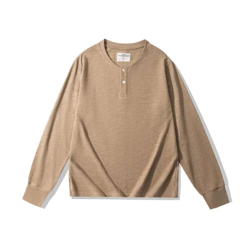 320g Slub Cotton Henley Shirt Vintage Casual Style Men's Long Sleeve T-Shirt Fall Basic Layer Tee Solid Color