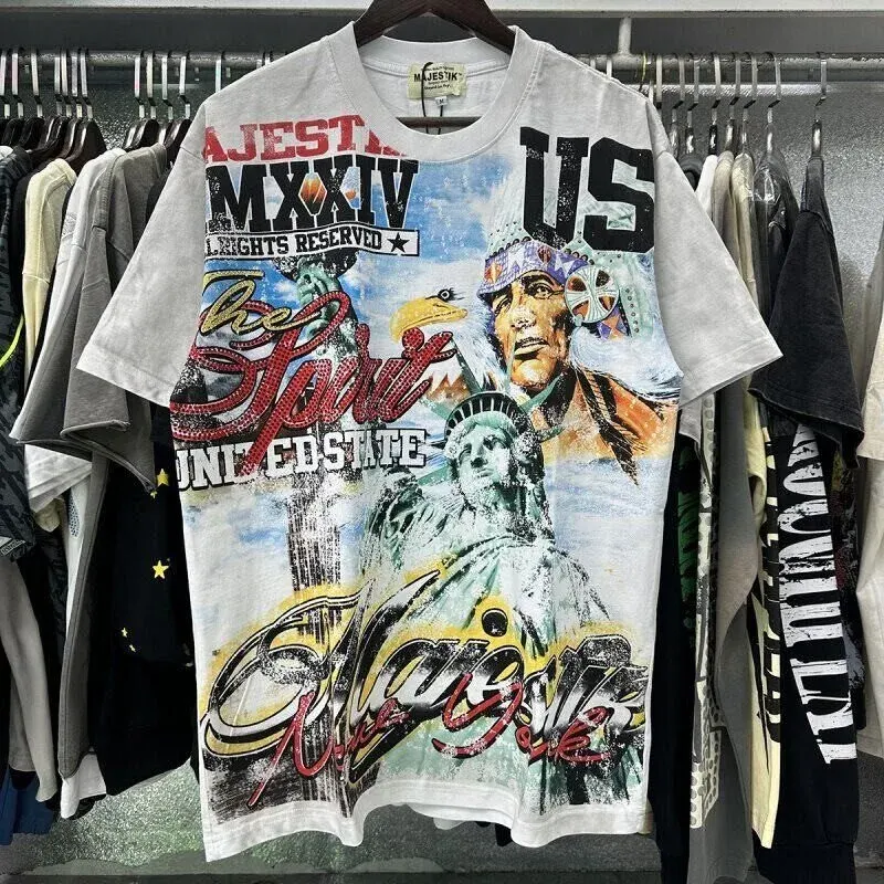 MAJESTIK American-style street Liberty Goddess print washed and distressed sequined trendy loose short-sleeved T-shirt