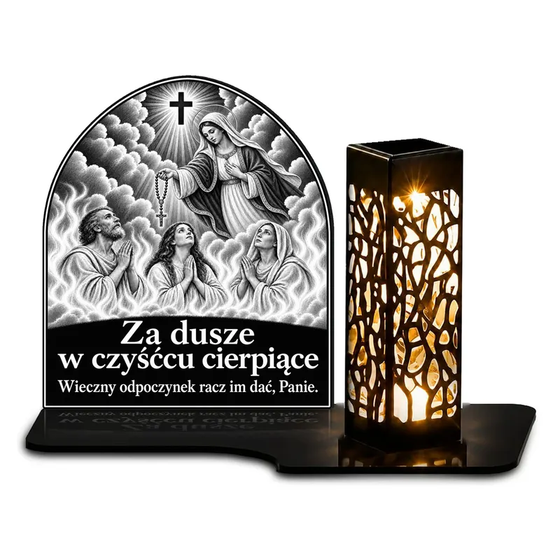 Duży znicz solarny LED XL - Maryja z różańcem i dusze czyśćcowe - grawer