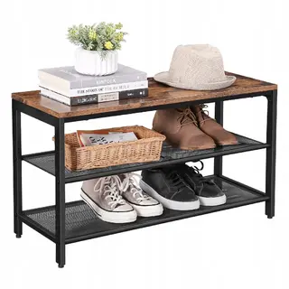 Ławka na buty 80x30x44,5 cm PÓŁKA 2 POZIOMY SIEDZISKO brąz vintage LOFT