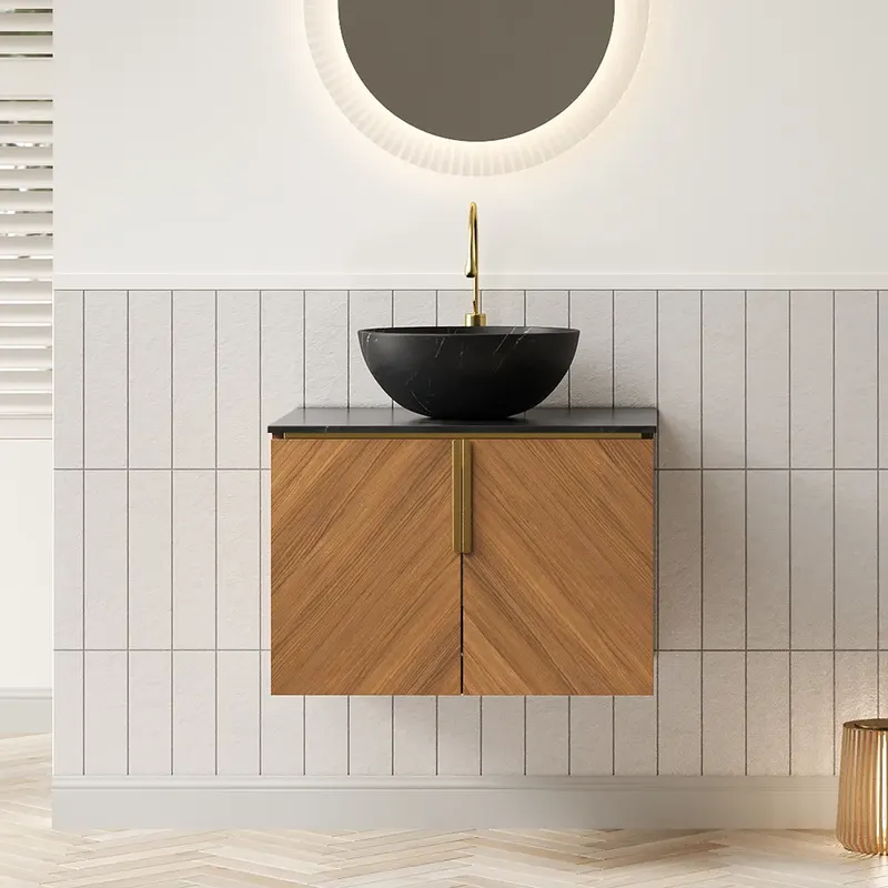 61 cm wisząca szafka łazienkowa z czarną umywalką ceramiczną ze wzorem kamiennym, blatem z czarnego spieku kwarcowego, szafką ze sklejki z 2 drzwicz..