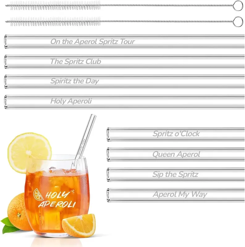 SZKLANE SŁOMKI APEROL 20CM 15CM ZESTAW 12SZT + 2 SZCZOTKI