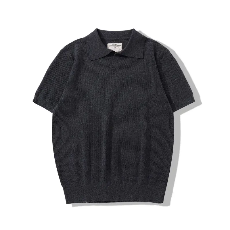 New Seagull Collar Italian Polo Solid Color Short Sleeve Pit Strip Knitted Polo Shirt Old Money Style Pure Cotton Collar T-shirt