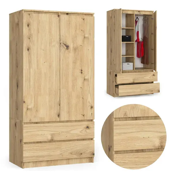 Szafa dwudrzwiowa 90 cm sypialnia 2 drzwi 2 szuflady 4 półki Dąb Artisan