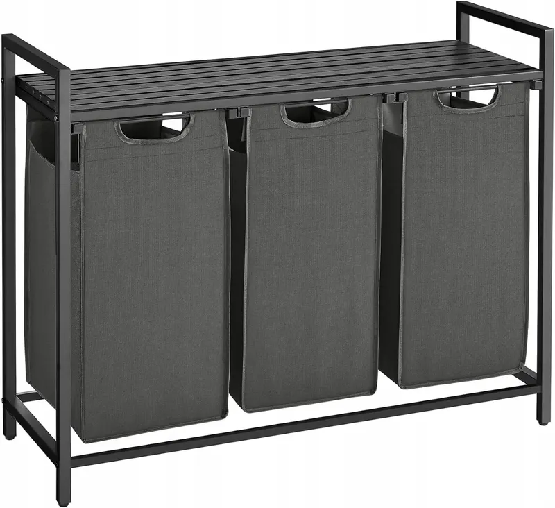 Kosz wolnostojący 3 PRZEGRÓDKI na pranie 3x38L 92,5x33x72 cm CZARNY z półką