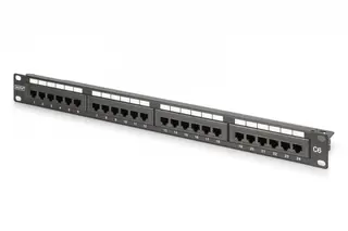 Digitus Panel krosowy (patch panel) 19'' 24x RJ45, LSA pion, kat.6, nieekranowany, 1U, prowadnica kabli, pola opisowe, Czarny