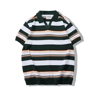 American Retro 100% Cotton 230g Thick Heavyweight Seagull Collar Striped T-shirt Sea Soul Striped Short Sleeved Polo Shirt