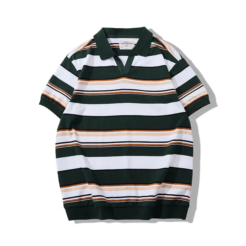 American Retro 100% Cotton 230g Thick Heavyweight Seagull Collar Striped T-shirt Sea Soul Striped Short Sleeved Polo Shirt
