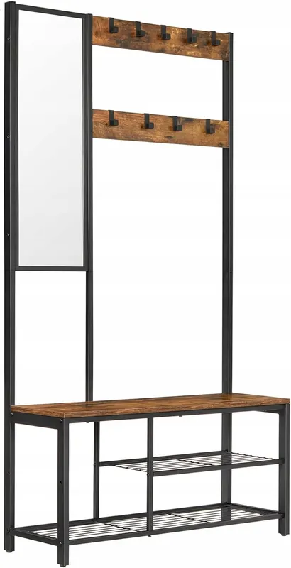 Wieszak z lustrem i siedziskiem VASAGLE 98 x 185 x 36 cm dąb rustykalny