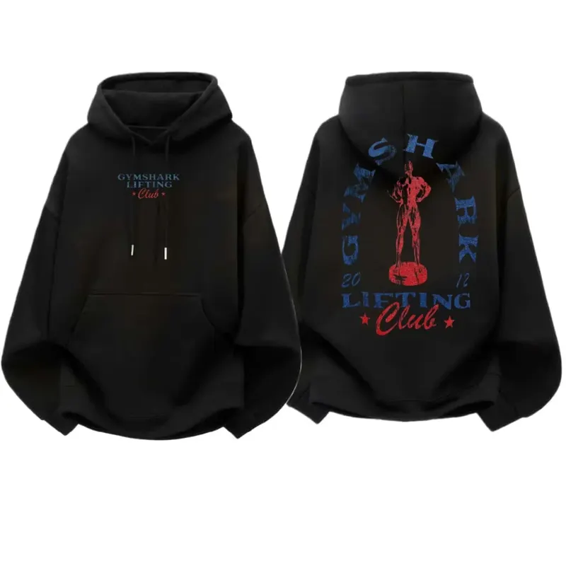 GYM SHARK Men's Loose Fitness Hoodie Hoodie, Retro Fitness Trophy Pattern Print, Loose Sports Hoodie