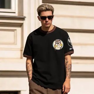 Men's 230g Amekaji Military Air Force Color Block Ribbed Short Sleeve Tee Vintage Crew Neck Casual Street Daily Summer Tops