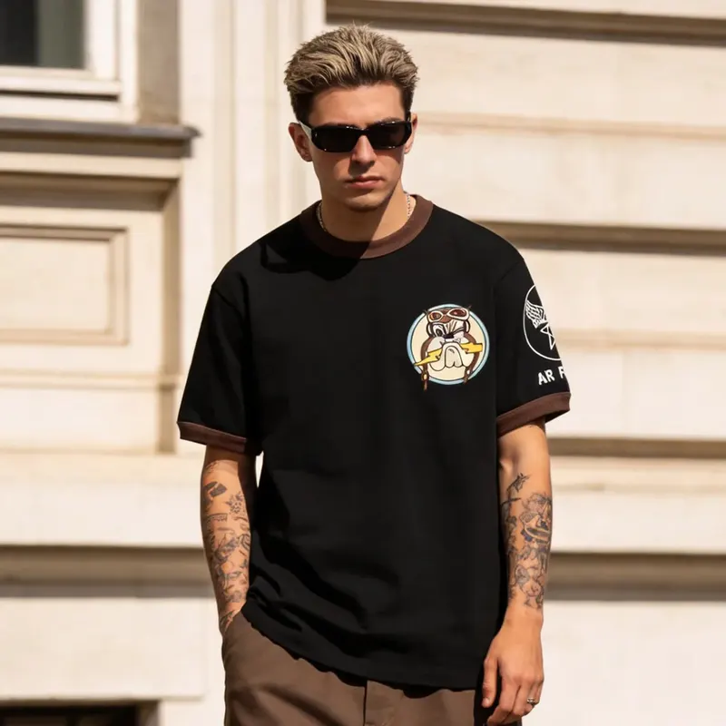 Men's 230g Amekaji Military Air Force Color Block Ribbed Short Sleeve Tee Vintage Crew Neck Casual Street Daily Summer Tops