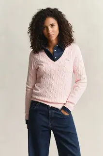 Gant Sweter Damski Z Dekoltem V Slim Fit Różowy
