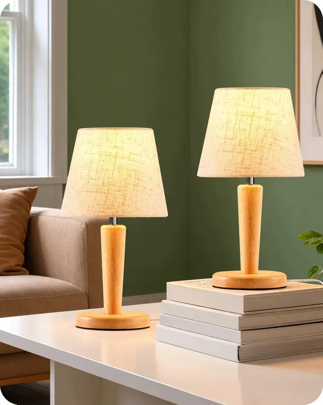 GOEBLESON Lampki Nocne Stołowe 2 szt. E27 LED 3 Barwy Drewno Beżowe