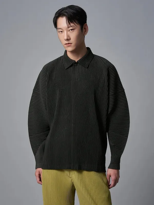 Miyake Plisse Lapel Top Polo T Shirt For Men Pleated Long Sleeve Polo Shirt Loose Retro Fashion Streetwear