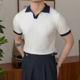 Mr. Deer Three Homemade Summer Knitted Jacquard Color-block Lapel Top British Vintage Slim-fit Handsome Polo Shirt for Men