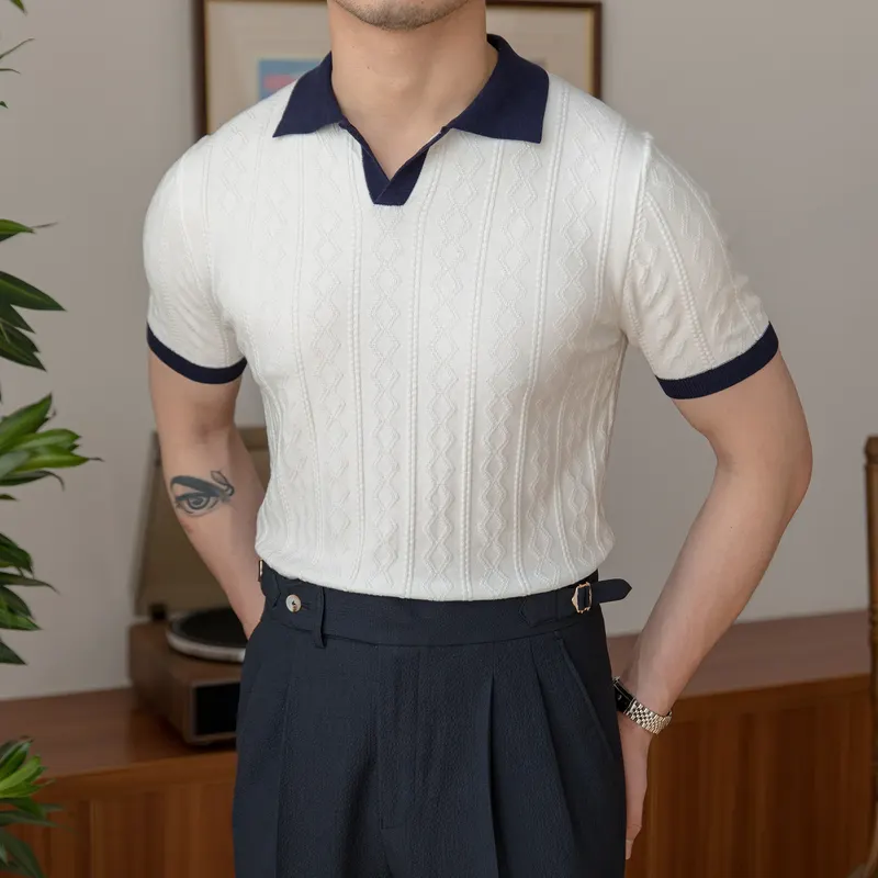 Mr. Deer Three Homemade Summer Knitted Jacquard Color-block Lapel Top British Vintage Slim-fit Handsome Polo Shirt for Men