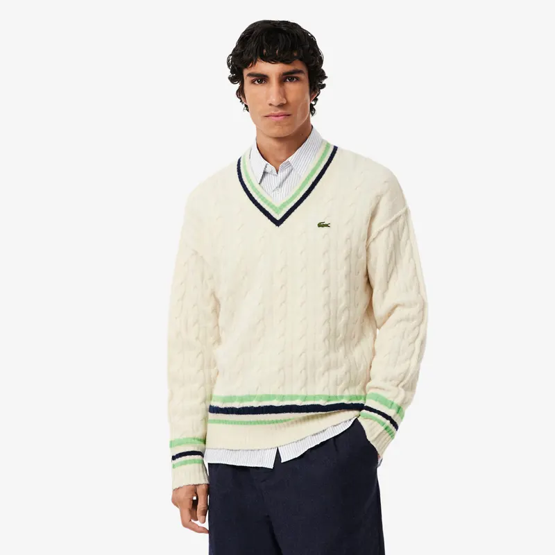 Lacoste Wełniany Sweter W Splot Warkoczowy Z Dekoltem W Szpic Męskie Biały