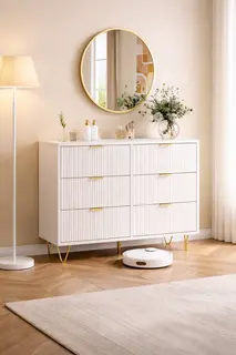 AUREVA – Ryflowana Komoda Podwójna z 6 Szufladami | Biała | Złote Detale | Soft Luxury