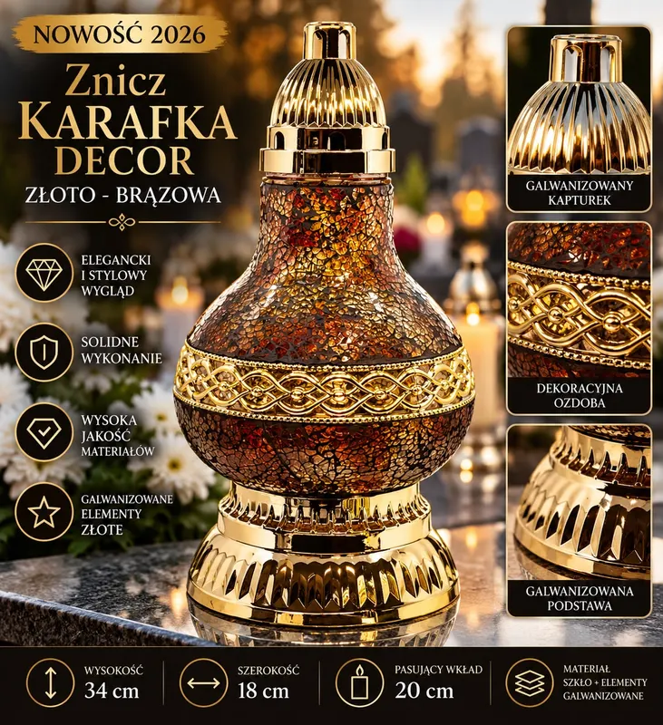 ELEGANCKI ZNICZ KARAFKA DECOR – ZŁOTO-BRĄZOWA