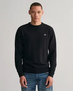 Gant Wełniany Sweter Męski Z Okrągłym Dekoltem Regular Fit Czarny