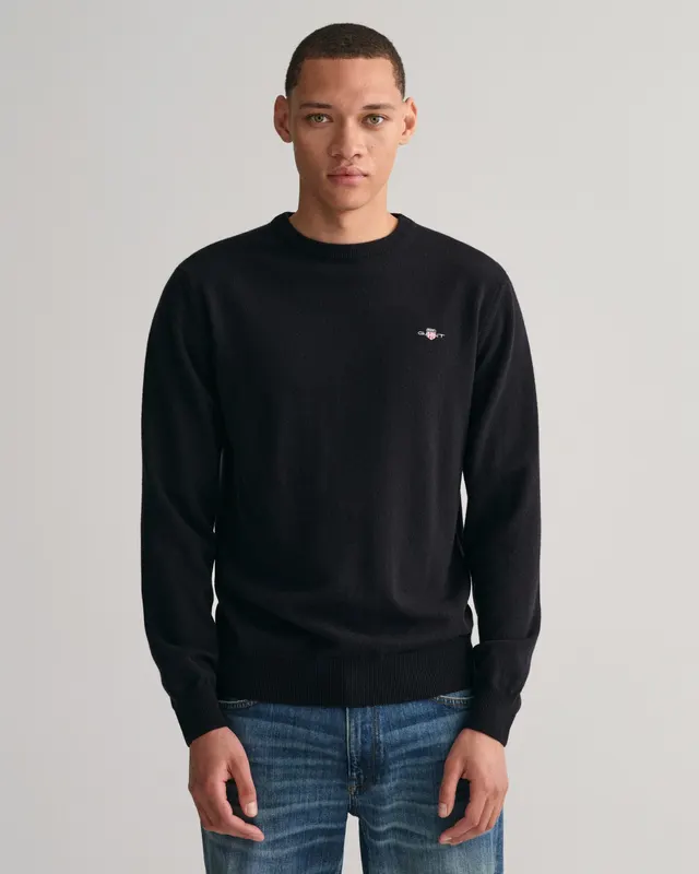Gant Wełniany Sweter Męski Z Okrągłym Dekoltem Regular Fit Czarny