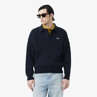 Lacoste Sweter Bawełniany Z Kołnierzykiem Polo I Wykonany We Francji Granatowy Męskie Granatowy