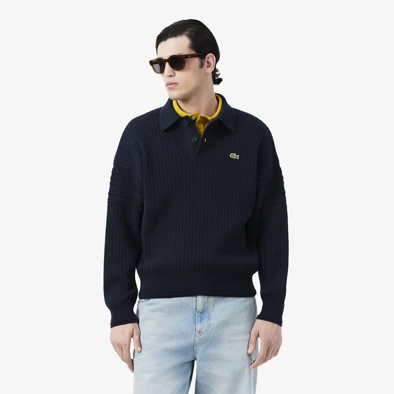 Lacoste Sweter Bawełniany Z Kołnierzykiem Polo I Wykonany We Francji Granatowy Męskie Granatowy