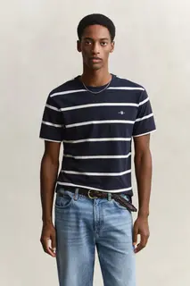 Gant Bawełniany T-Shirt Męski W Paski Z Okrągłym Kołnierzykiem Regular Fit