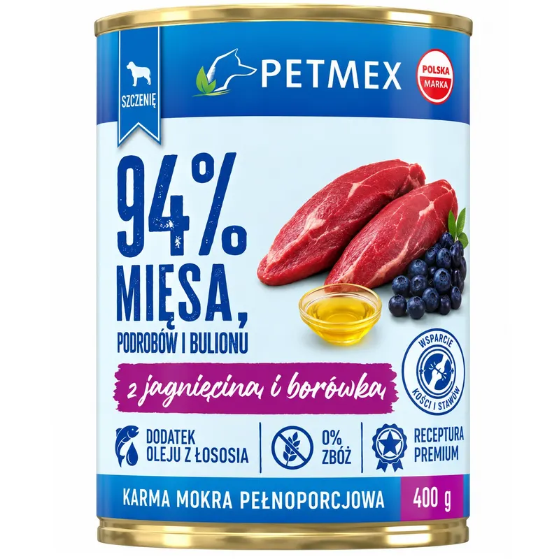 PETMEX Szczenię Jagnięcina i borówki - mokra karma dla psa - 400g