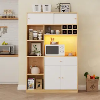 Szafka kuchenna, bufet kuchenny z oświetleniem LED, szafka wielofunkcyjna z jedną szufladą, trzema drzwiami i półkami na sztućce, duże miejsce na mi..