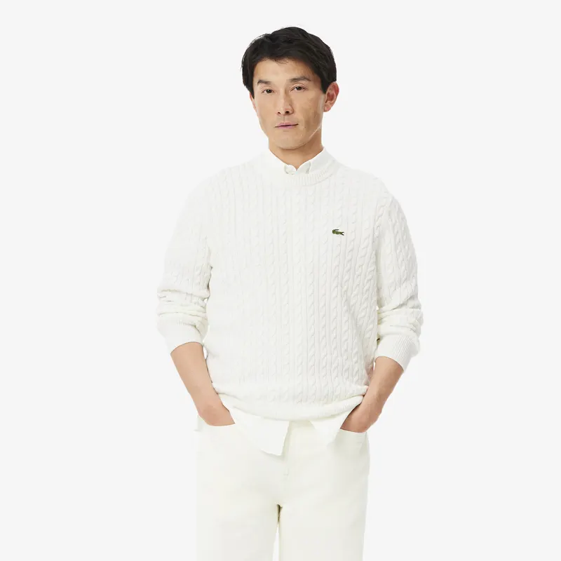 Lacoste Sweter Bawełniany O Splocie Warkoczowym Męskie Kremowy