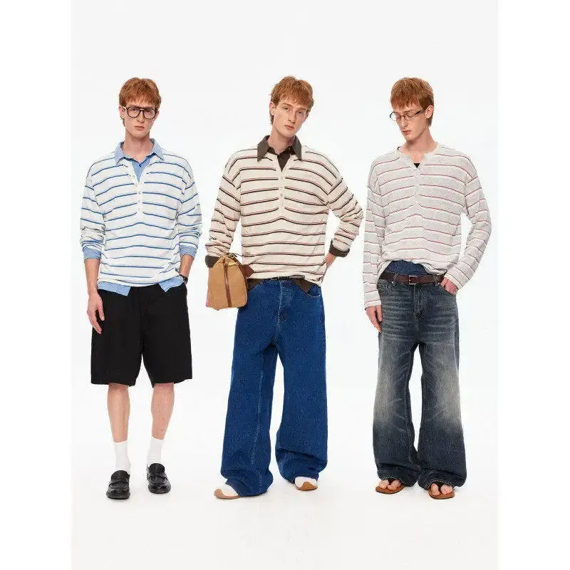26 Summer Linen Blended Striped Knitted Tee Long Sleeve Men's and Women's Loose Casual Daily Commuter Thin T-shirt