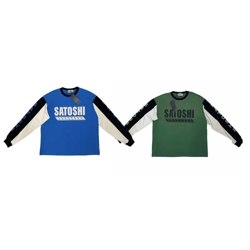 High Quality Men Contrast Patchwork SATOSHI Logo Long Sleeve Tee Vintage Oversized Loose Streetwear Fashion Casual Long Shirts